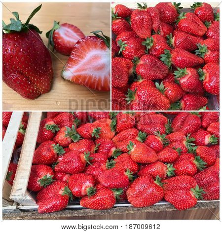Fresh strawberries in the marketbac on wooden kground