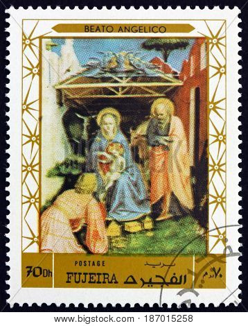 FUJEIRA - CIRCA 1972: a stamp printed in the Fujeira shows Nativity Painting by Beato Angelico circa 1972