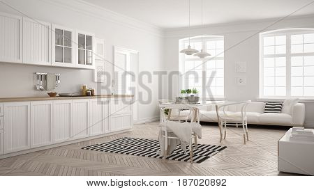Minimalist modern kitchen with dining table and living room white scandinavian interior design, 3d illustration