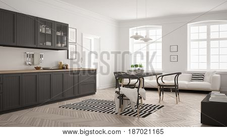 Minimalist modern kitchen with dining table and living room white and gray scandinavian interior design, 3d illustration