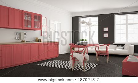 Minimalist modern kitchen with dining table and living room white and red scandinavian interior design, 3d illustration