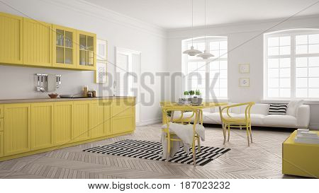 Minimalist modern kitchen with dining table and living room white and yellow scandinavian interior design, 3d illustration