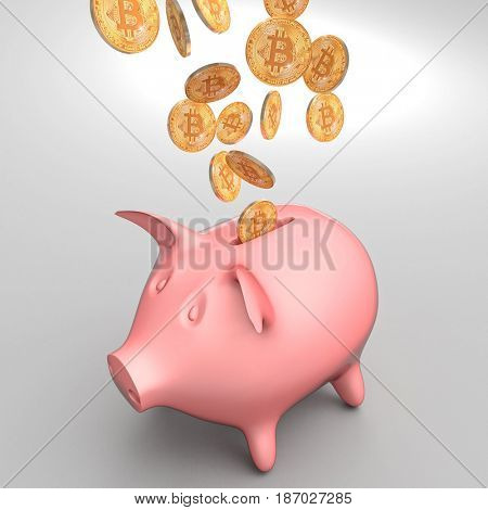 classic piggybank and golden bitcoin coin 3d rendering image