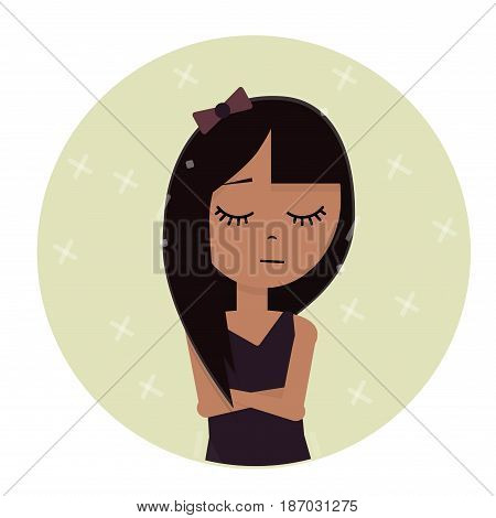 Girl was offended and sad. Illustrations for fairy tales and books. The cartoon character. In a little black dress.