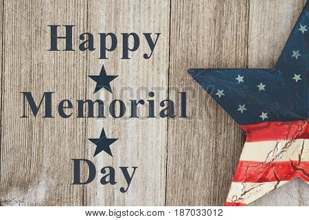 Happy Memorial Day Greeting USA patriotic old star on a weathered wood background with text Happy Memorial Day