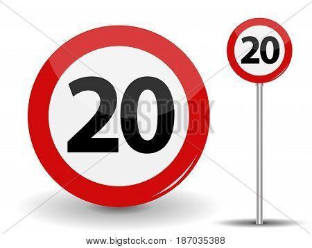 Round Red Road Sign Speed limit 20 kilometers per hour. Vector Illustration. EPS10