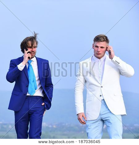 men speaking on phone communication and discussion meeting and partnership digial marketing agile business business and success boss and employee