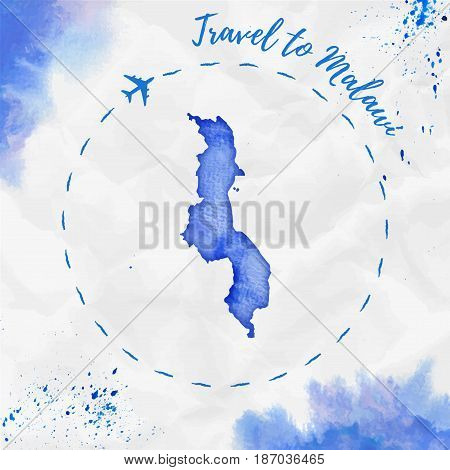 Malawi Watercolor Map In Blue Colors. Travel To Malawi Poster With Airplane Trace And Handpainted Wa