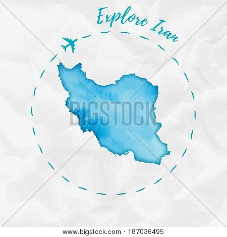 Iran Watercolor Map In Turquoise Colors. Explore Iran Poster With Airplane Trace And Handpainted Wat