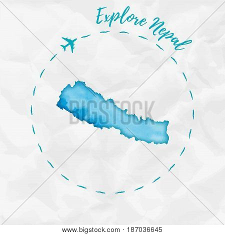 Nepal Watercolor Map In Turquoise Colors. Explore Nepal Poster With Airplane Trace And Handpainted W