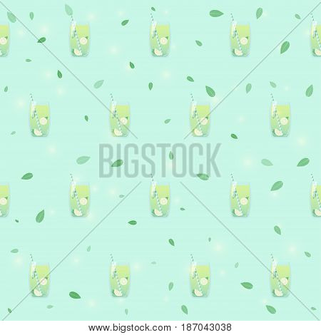 Fresh homemade lemonade vector seamless pattern. Transparent glass of lemonade with lemon slices, mint and striped straw. Vector illustration