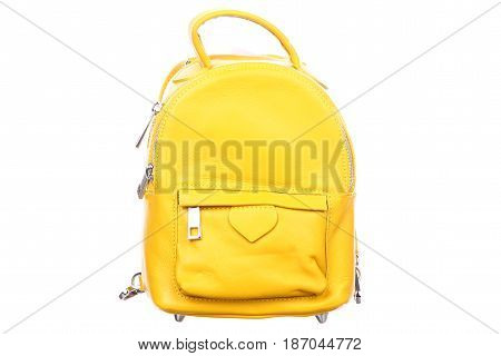 Yellow leather backpack isolated on white background isolation