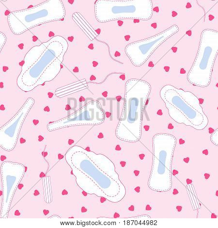 Medical hygiene conception pattern. Seamless vector pattern with menstruation sanitary pads red hearts and cotton tampons