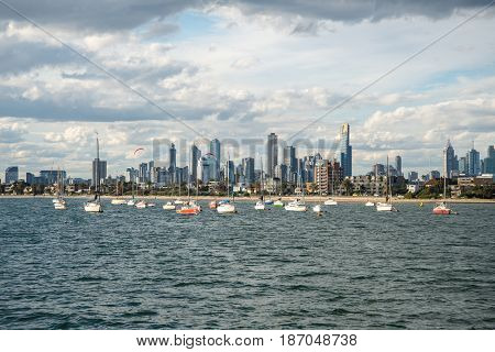 MELBOURNE, AUSTRALIA - MARCH 07 2015: Melbourne city view from Saint Kilda beach, Melbourne, Australia.
