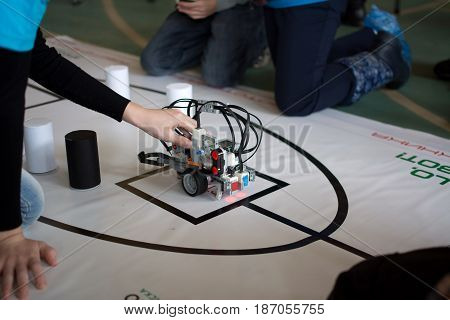 Yoshkar-Ola, Russia - February 12, 2017 Photo of robot tests by children in the children's robotics club in Yoshkar-Ola