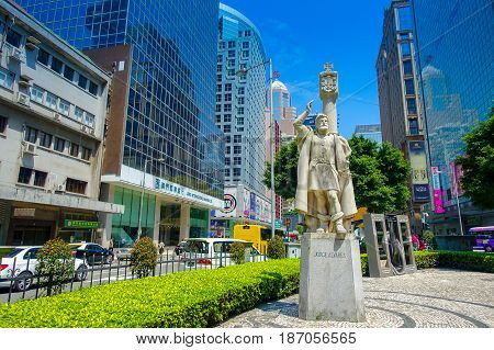 MACAU, CHINA- MAY 11, 2017: Statue of Jorge Alvares at Macau. Portuguese Alvares is considered to be the founder of Macau.