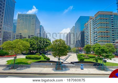 Beautiful park in city center of Macau Cina in a gorgeous blue sky, beautiful day.
