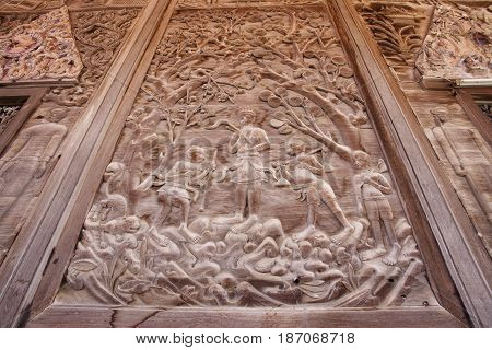 Wat Guti BangkemTemple in Thailand. Khao yoi phetchaburi Thailand.Teak wood church Wood background
