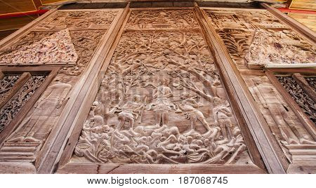 Wat Guti BangkemTemple in Thailand. Khao yoi phetchaburi Thailand.Teak wood church Wood background