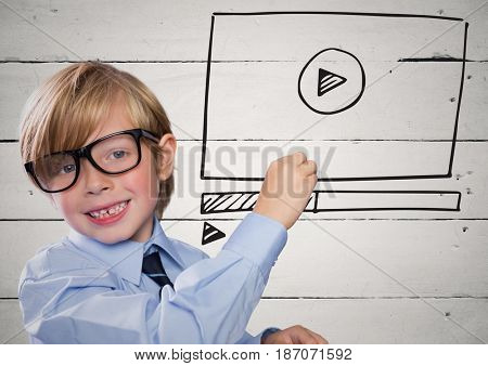 Digital composite of Kid with chalk and website mock up against white wood panel