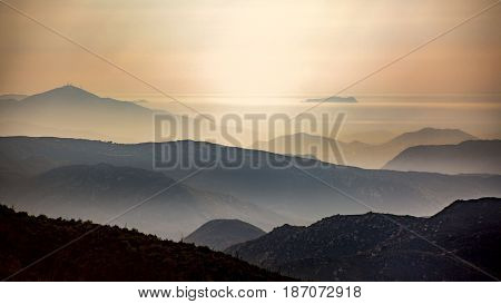 The view of the mountains surround lake Cuyamaca looking toward the city of San Diego