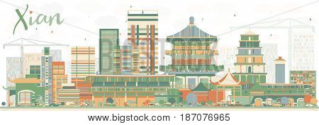 Abstract Xian Skyline with Color Buildings. Business Travel and Tourism Concept with Historic Architecture. Image for Presentation Banner Placard and Web Site.