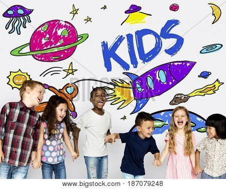Group of students studying astronomy outerspace