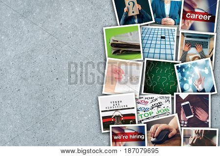 Business and entrepreneurship photo collage over gray concrete background