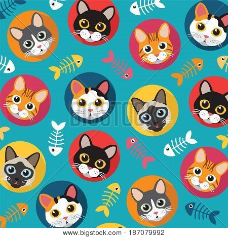 Cute Cats and fishbone vector pattern illustrations on colored background.