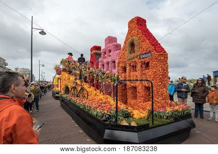 NOORDWIJK NETHERLANDS - 22 APRIL 2017: Platform with tulips and hyacinths during the traditional flowers parade Bloemencorso from Noordwijk to Haarlem in the Netherlands.