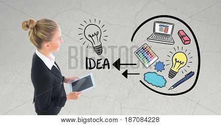 Digital composite of Digital composite image of businesswoman with tablet computer by various text and icons