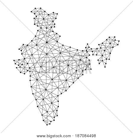 Map of India from polygonal black lines and dots of vector illustration