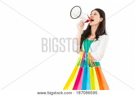 Woman Carrying Bag And Holding Megaphone