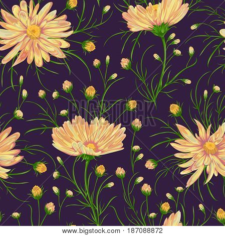 Seamless pattern with chamomile flowers. Rustic floral background. Vintage vector illustration in watercolor style.