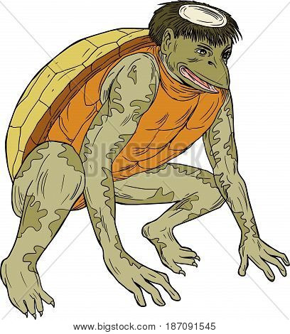 Drawing sketch style illustration of a kappa kawataro komahiki or kawatora a yokai demon or imp found in traditional Japanese folklore that is humanoid turtle crouching set on isolated white background.