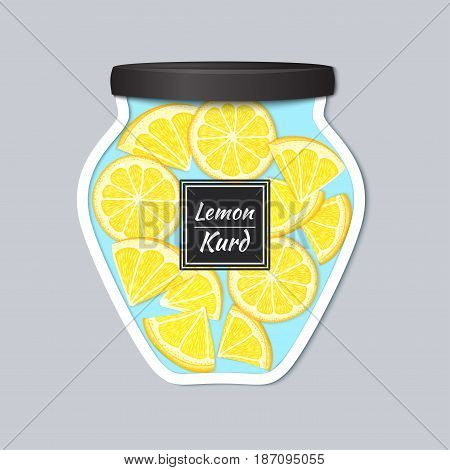Vector label in the form of a jar with jam with a realistic lid. Lemon citrus fruits in a jar. Vector illustration of a fruit sticker for the design of packaging of juice, marmalade, jam, detox diet