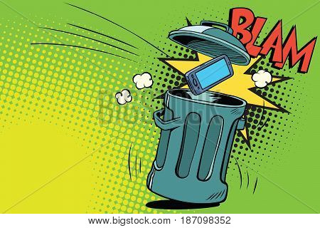 smartphone thrown in the trash. Comic book cartoon pop art retro color vector illustration hand drawn