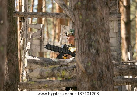 Gomel, Belarus - May 15, 2017: Children And Adults Play The Collective Game Lasertag In The Open Air