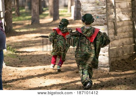 Gomel, Belarus - May 15, 2017: Children And Adults Play The Collective Game Lasertag In The Open Air