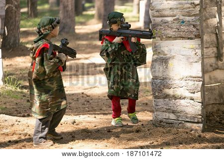 Gomel, Belarus - May 15, 2017: Children And Adults Play The Collective Game Lasertag In The Open Air