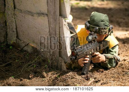 Gomel, Belarus - May 15, 2017: Children And Adults Play The Collective Game Lasertag In The Open Air