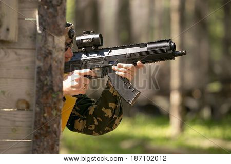 Gomel, Belarus - May 15, 2017: Children And Adults Play The Collective Game Lasertag In The Open Air
