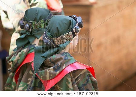 Gomel, Belarus - May 15, 2017: Children And Adults Play The Collective Game Lasertag In The Open Air