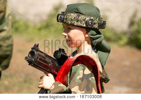 Gomel, Belarus - May 15, 2017: Children And Adults Play The Collective Game Lasertag In The Open Air