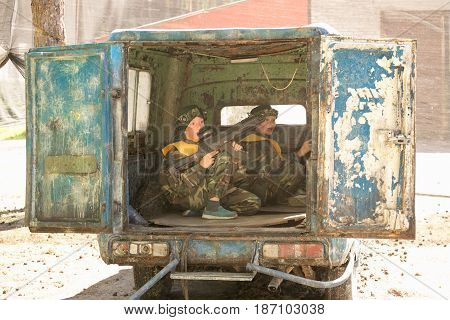 Gomel, Belarus - May 15, 2017: Children And Adults Play The Collective Game Lasertag In The Open Air