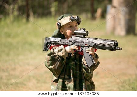 Gomel, Belarus - May 15, 2017: Children And Adults Play The Collective Game Lasertag In The Open Air
