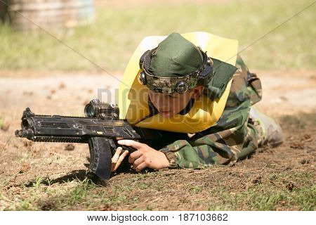 Gomel, Belarus - May 15, 2017: Children And Adults Play The Collective Game Lasertag In The Open Air