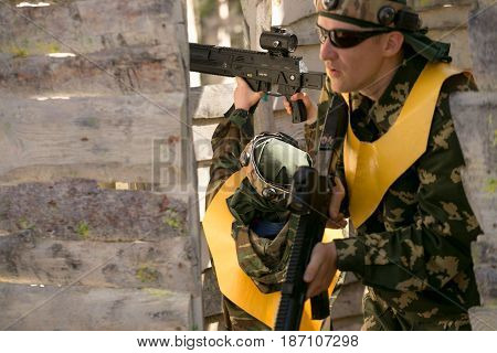 Gomel, Belarus - May 15, 2017: Children And Adults Play The Collective Game Lasertag In The Open Air