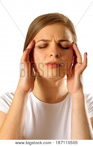 Sick woman with headache on white background