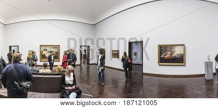 FRANKFURT GERMANY - MAY 6 2017: people join the museum night 2017 in Frankfurt in the staedel. Some 50 participating museums and galleries keep the doors open late into night.